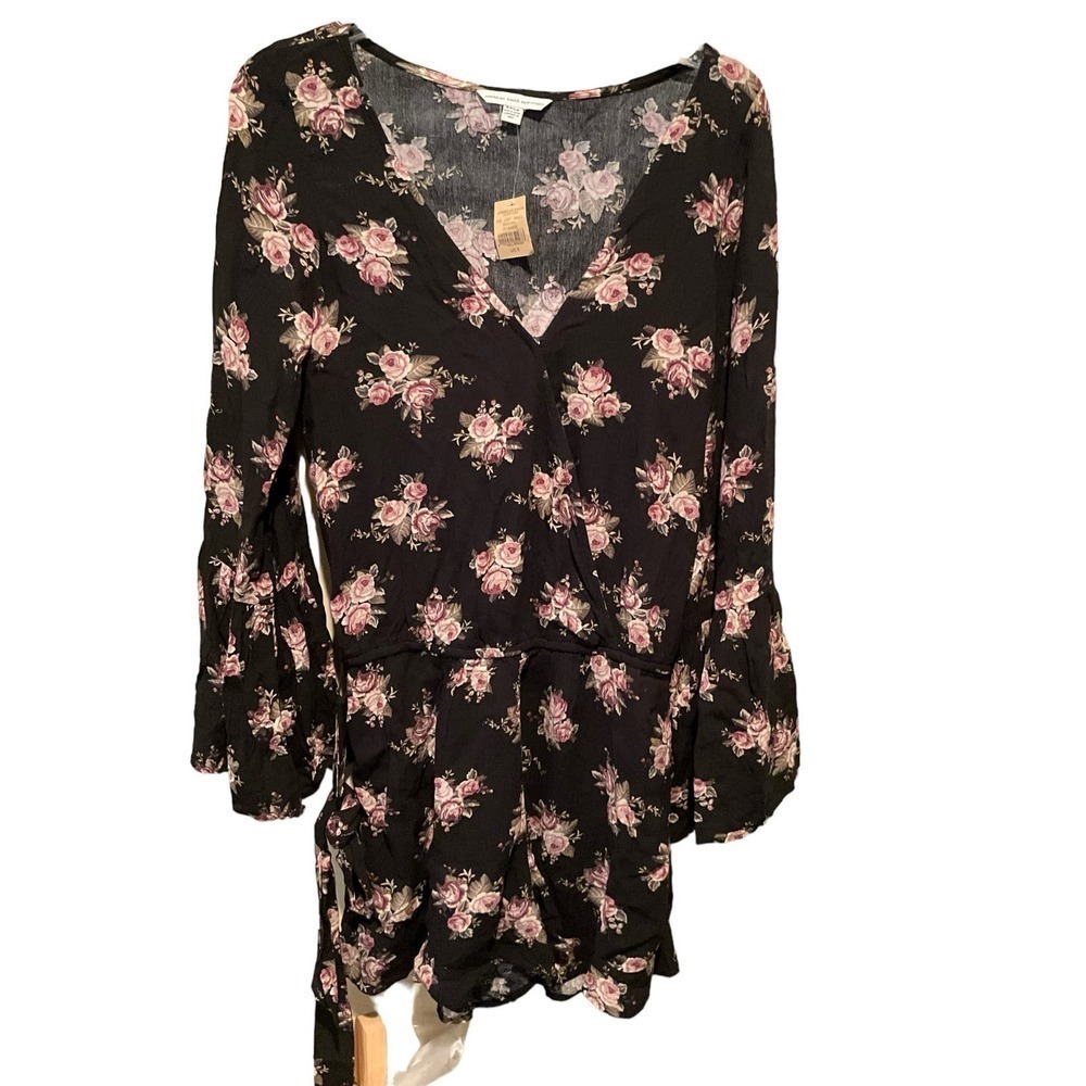 American Eagle Outfitters Romper Women S Black Floral Long Sleeve Surplice Neck